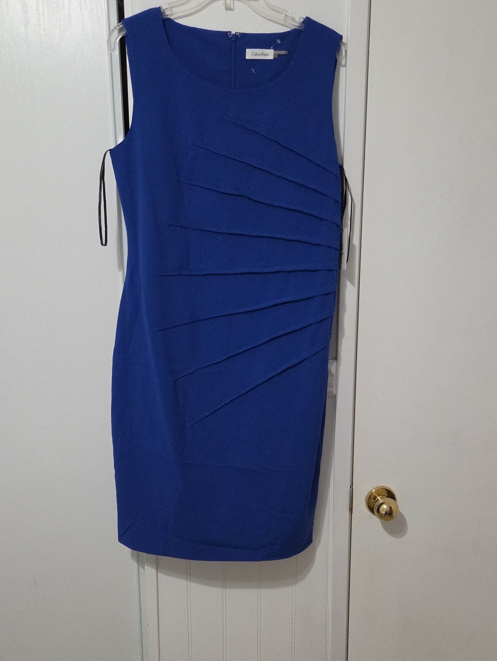 Calvin Klein Cobalt Blue Sleeveless Sheath Dress with Asymmetrical Pleats